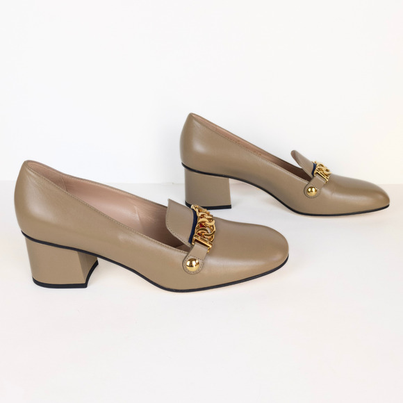 GUCCI Sylvie Loafer Pumps Tan Leather Mid-Heel Chain Web Stripe Women's EU 40 - Picture 4 of 12